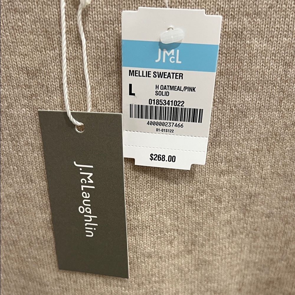 J. McLaughlin Tan Crewneck Sweater with Pink Trim - Picture 4 of 8